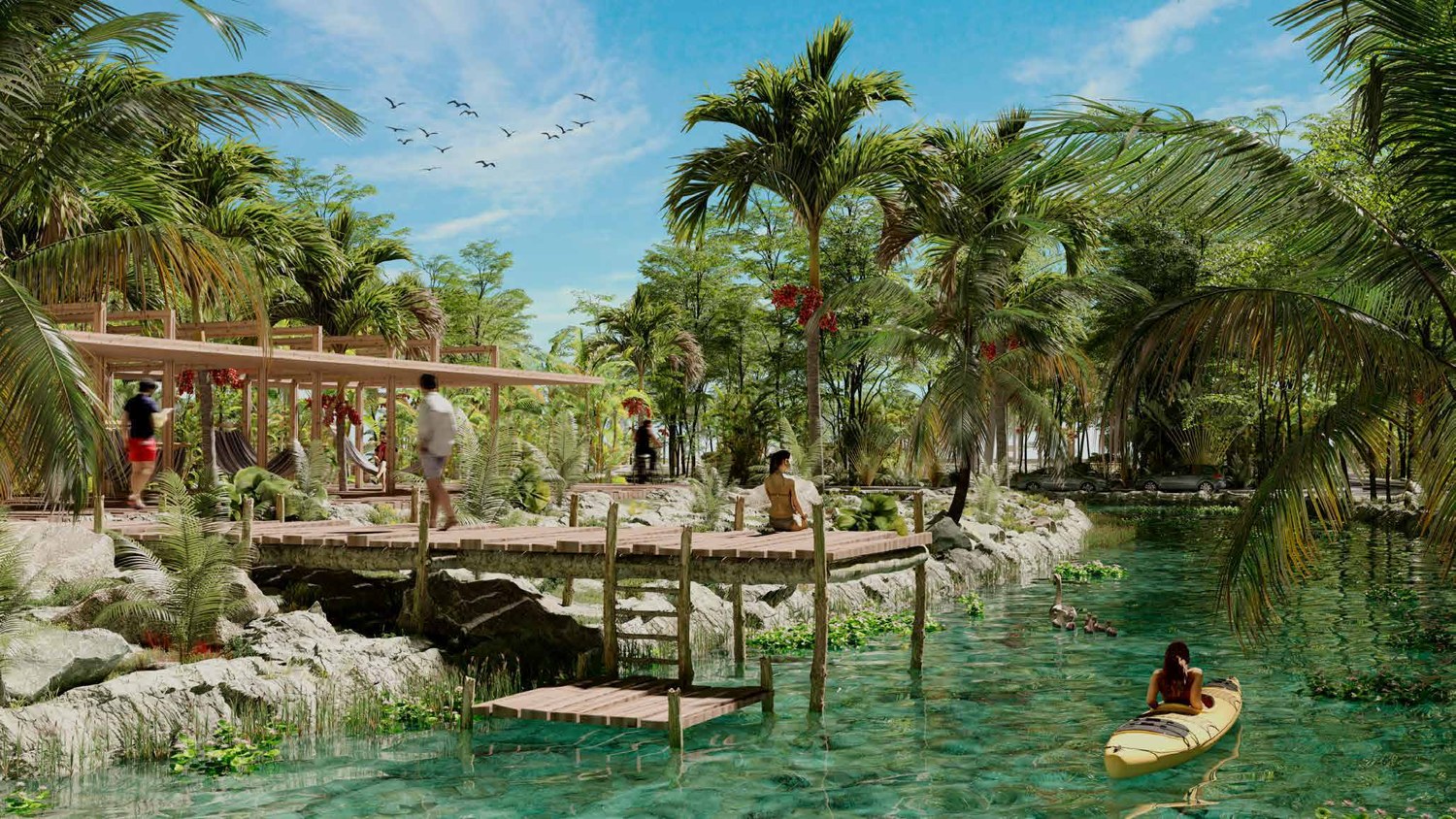 Áreas verdes y senderos en un desarrollo de terrenos en Yucatán